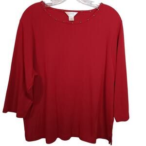 EUC CJ Banks Red Embellishments Around Neckline 3/4 Sleeve Top 1X